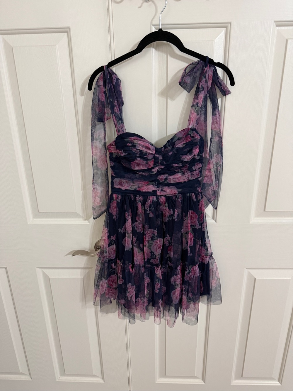 B Darlin 1/2 Navy Pink Floral Mesh Tie Shoulder Mini Dress Y2K Homecoming